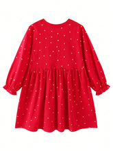 Young Girls Christmas Retro Cotton Long Red Dress, Casual & Comfortable Cartoon Santa Claus Pattern Dress For Autumn/Winter